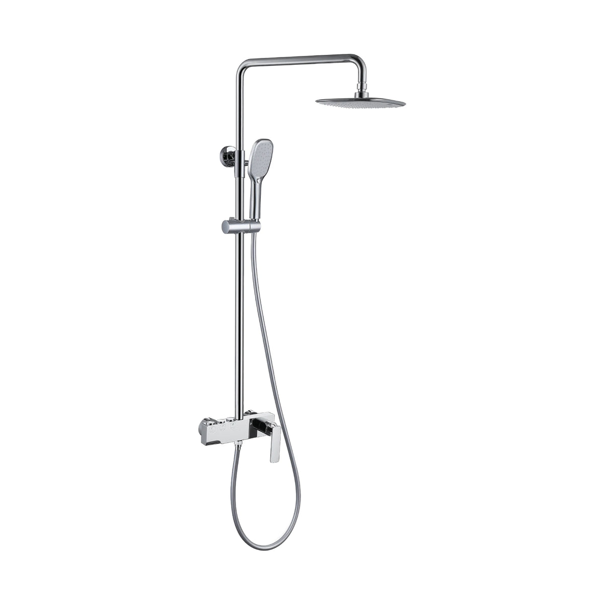 Chrome shower column with thin rounded-rectangle rain head, oval handheld and box-shaped lever mixer — SANIKB DL-08 092-CP