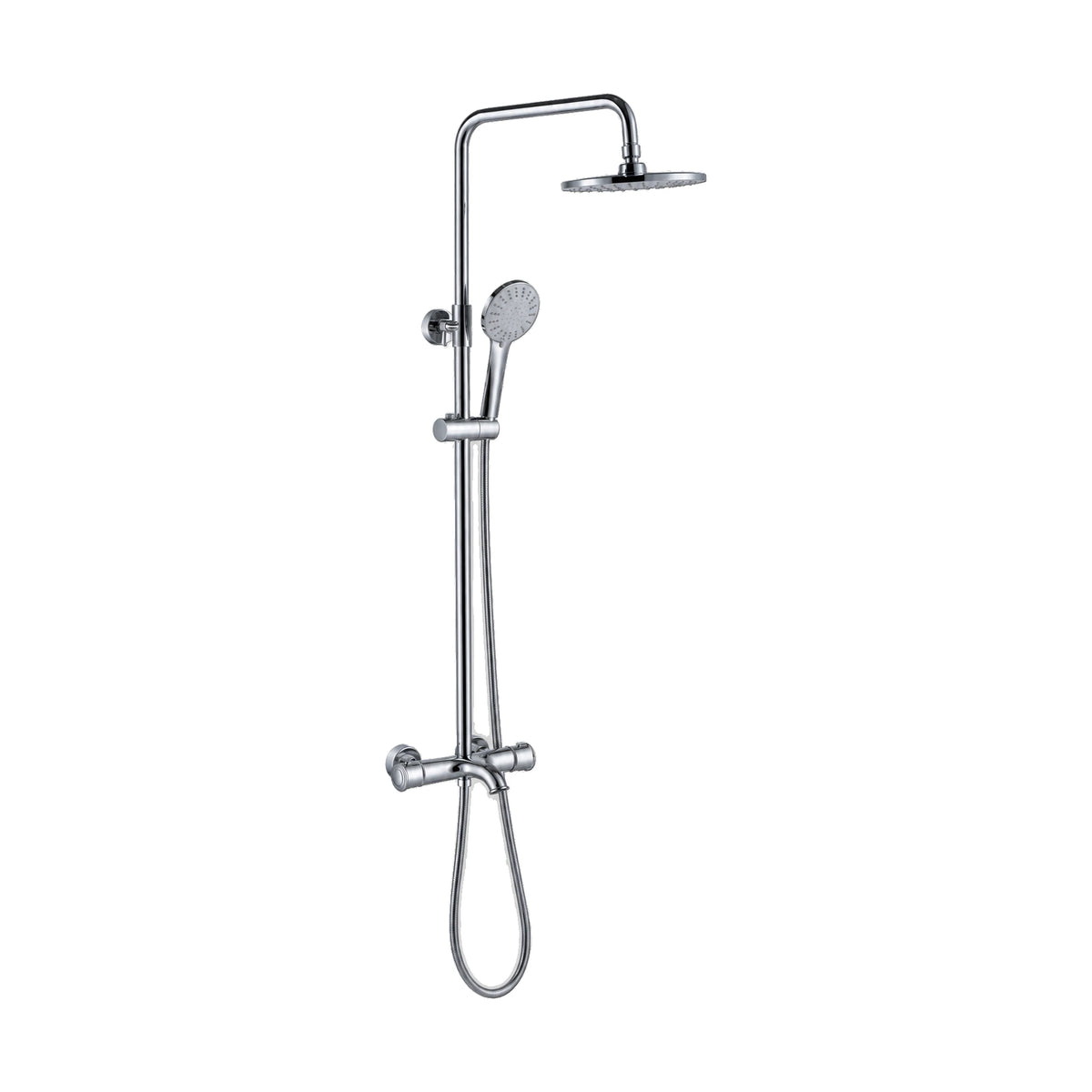 Chrome exposed shower system with short tub spout under bar valve, round rain head and handheld — SANIKB DL-08 130-CP