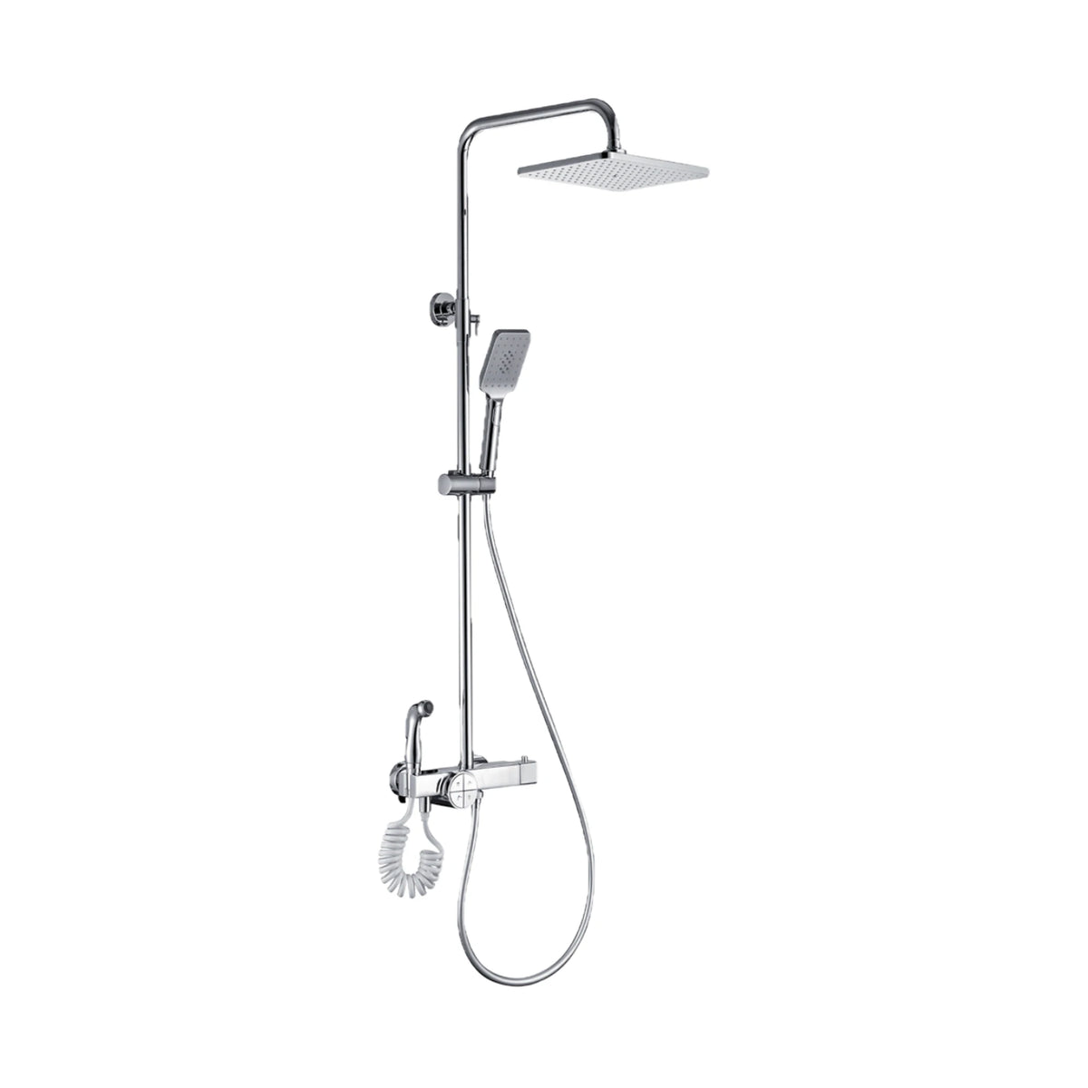 Matte black exposed shower system with square rain head, square handheld and spray gun on coiled hose — SANIKB DL-08 141-CP