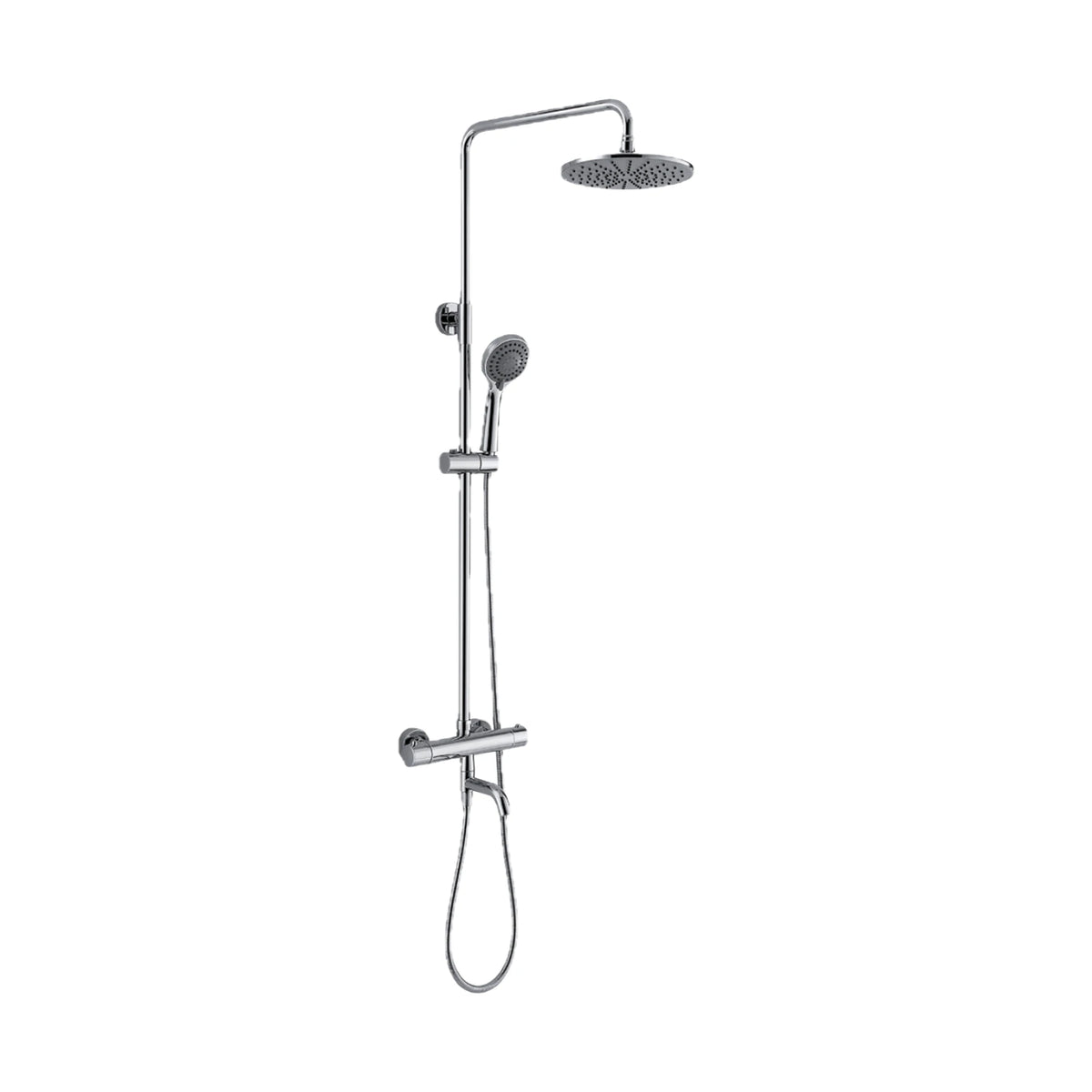 Chrome exposed shower system with drop-end arm, round rain head, round handheld and tub spout — SANIKB DL-08 501-CP