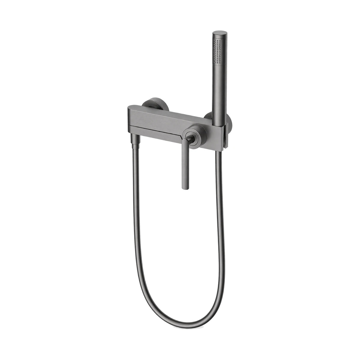 Gun Metal Grey — Slim rectangular exposed wall shower mixer with downward pin lever and cylindrical stick handheld — SANIKB DL-08 200-QH