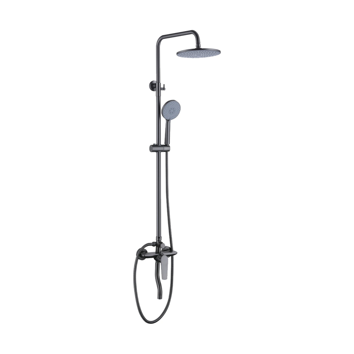 Gun Metal Grey — Matte black exposed shower system with round rain head, slide-bar handheld and curved tub spout under mixer — SANIKB DL-08 048-QH