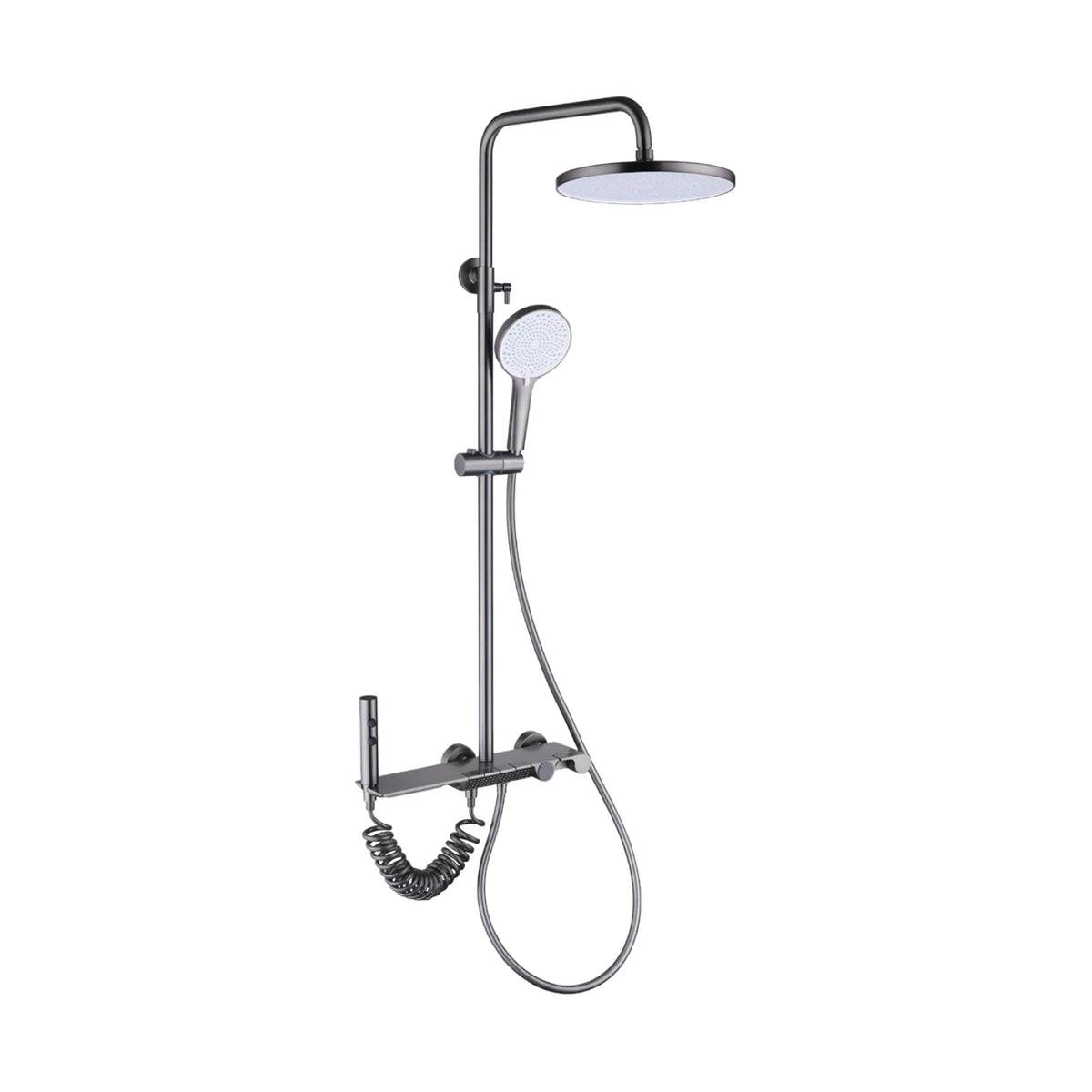 Gun Metal Grey — Matte black shower column with round rain head, push-button shelf mixer, front knob and coiled spray gun — SANIKB DL-08 095-QH