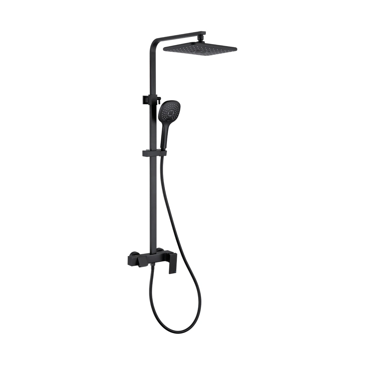 Matte Black — Square exposed shower system with rounded-square rain head, square handheld and square bar mixer with spout — SANIKB DL-08 992-BK