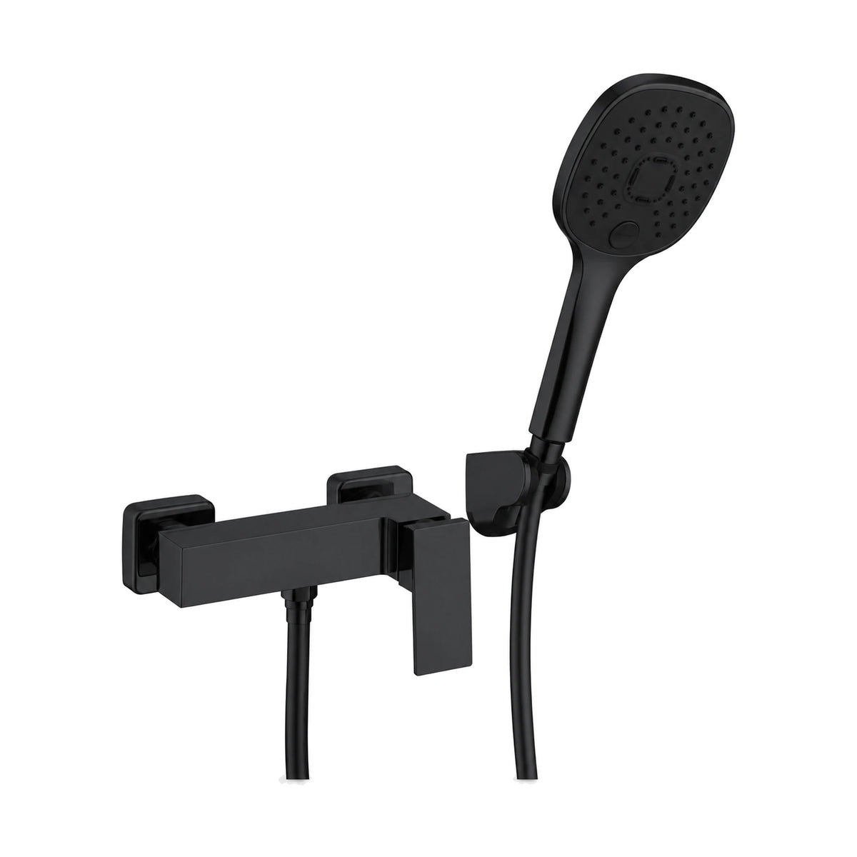 Matte Black — Square exposed wall shower mixer with flat blade lever and rounded-square handheld on wall holder — SANIKB DL-08 235-BK