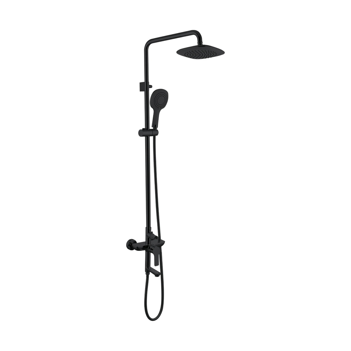 Matte Black — Exposed shower column with rounded-square rain head, round handheld and lever mixer with short tub spout — SANIKB DL-08 018-BK