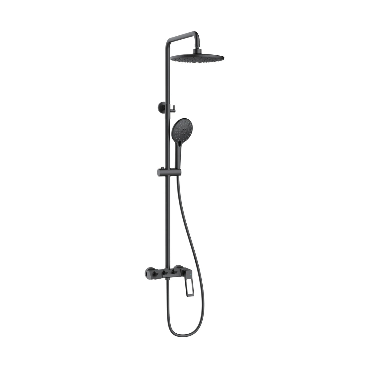 Matte Black — Exposed shower system with round rain head, round handheld and open frame lever mixer with knurled knobs — SANIKB DL-08 120-BK