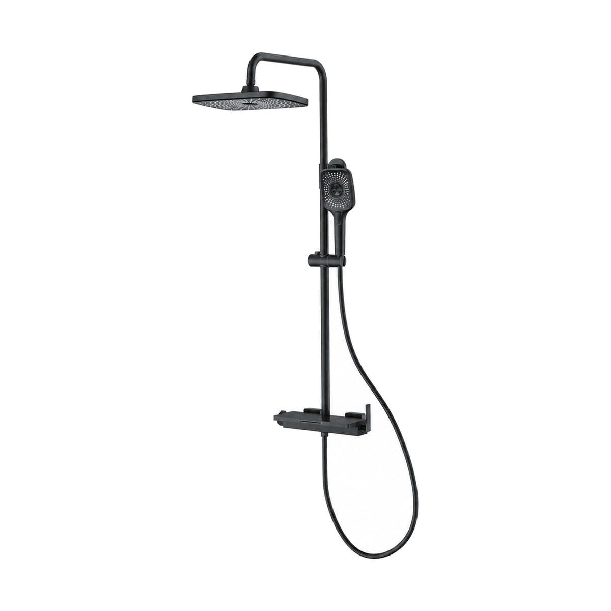 Matte Black — Exposed shower system with square rain head, square handheld and shelf-top mixer with blade lever — SANIKB DL-08 173-BK