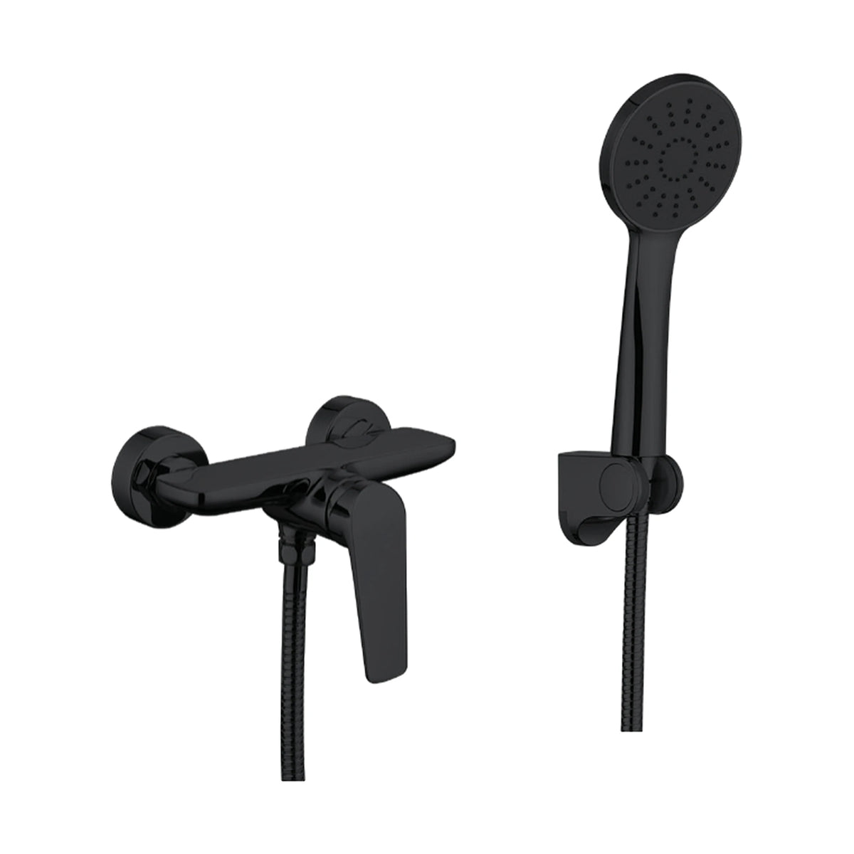 Matte Black exposed wall shower mixer with rounded body, blade lever and round handheld on wall bracket — SANIKB DL-08 049-BK