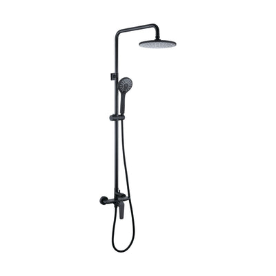 Matte Black — Matte black exposed shower system with round rain head, round handheld and riser entering blade-lever mixer — SANIKB DL-08 047-BK