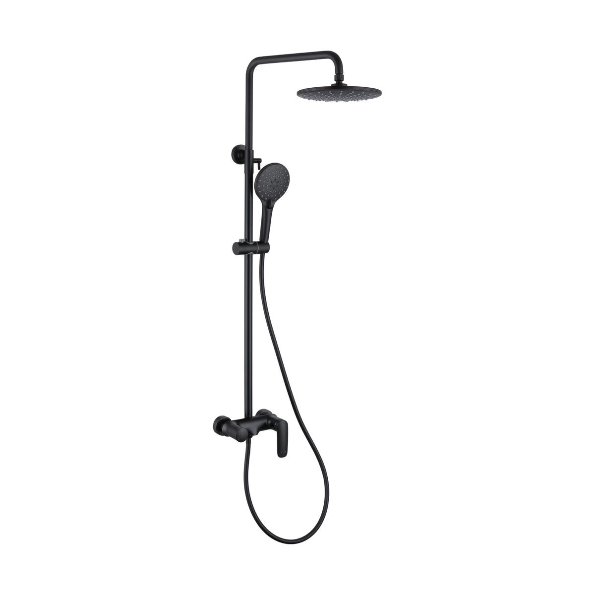 Matte Black — Matte black exposed shower system with round rain head, round slide handheld and drooping-lever mixer — SANIKB DL-08 648-BK