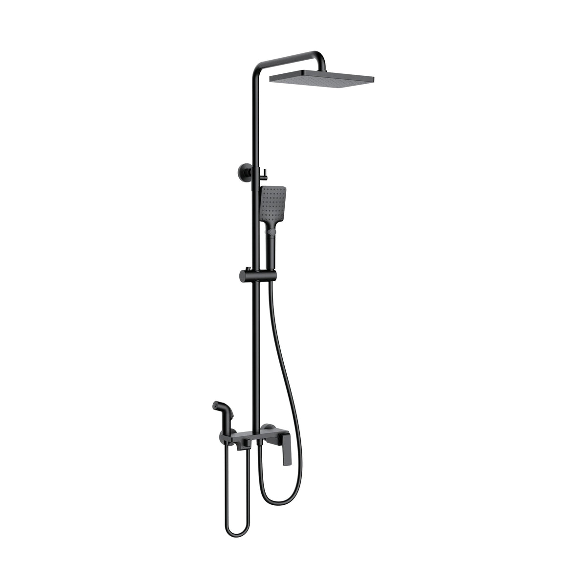 Matte Black — Matte black shower column with square rain head, square handheld, angular flat-blade mixer and spray gun — SANIKB DL-08 507-BK