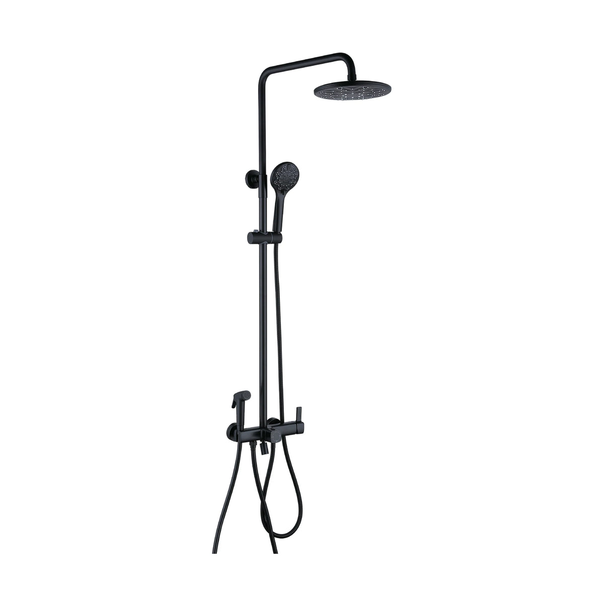 Matte Black — Matte black shower column with round rain head, handheld, round-dial bar mixer, upright lever and spray gun — SANIKB DL-08 020-BK
