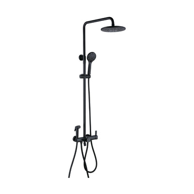 Matte Black — Matte black shower column with round rain head, handheld, round-dial bar mixer, upright lever and spray gun — SANIKB DL-08 020-BK