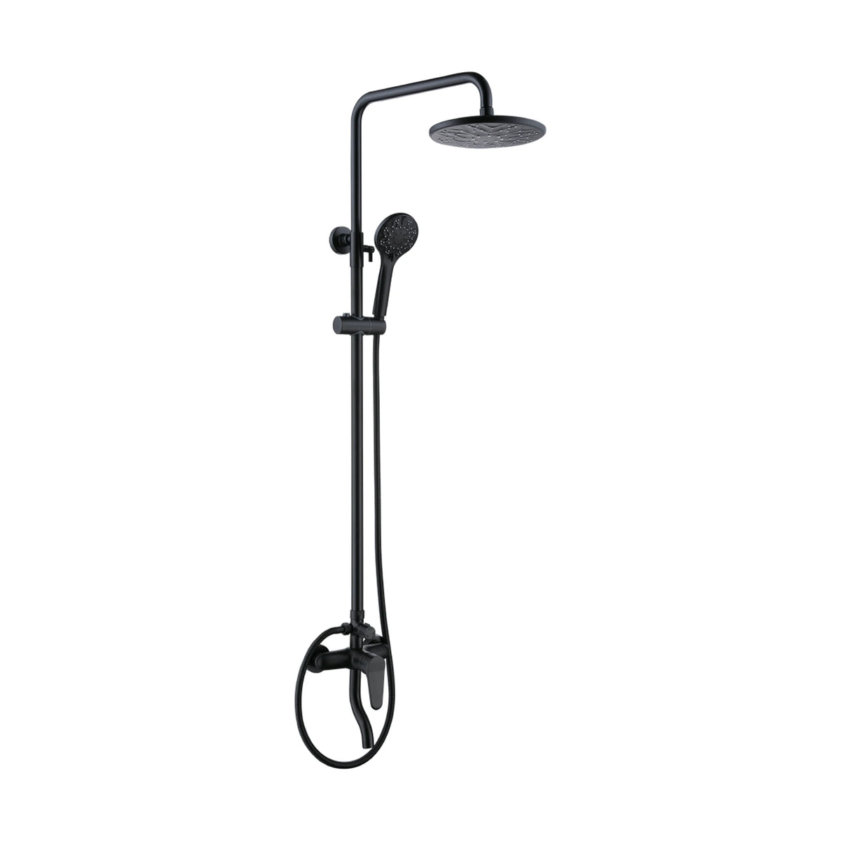 Matte Black — Matte black shower column with patterned round rain head, round handheld, lever mixer and S-curve tub spout — SANIKB DL-08 016-BK