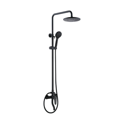 Matte Black — Matte black shower column with patterned round rain head, round handheld, lever mixer and S-curve tub spout — SANIKB DL-08 016-BK