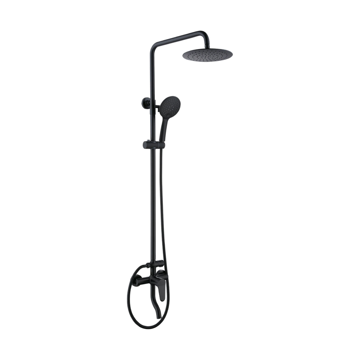 Matte Black — Matte black shower column with plain round rain head, round handheld, lever mixer and S-curve tub spout — SANIKB DL-08 096-BK
