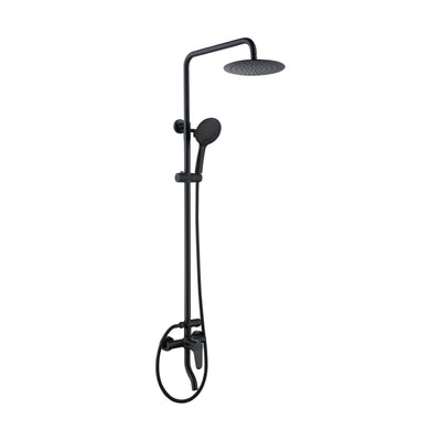 Matte Black — Matte black shower column with plain round rain head, round handheld, lever mixer and S-curve tub spout — SANIKB DL-08 096-BK
