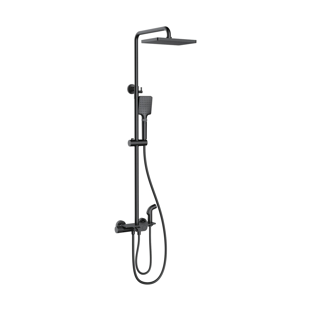 Matte Black — Matte black exposed shower system with shelf-top valve, knurled knob, docked spray gun and square rain head — SANIKB DL-08 508-BK