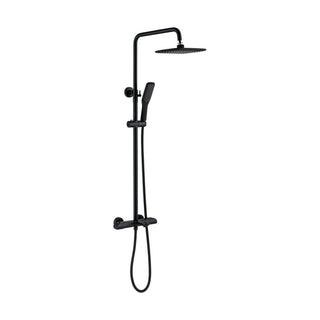 Matte black exposed shower system with bar valve, rounded-square rain head and slim stick handheld — SANIKB DL-08 127-BK