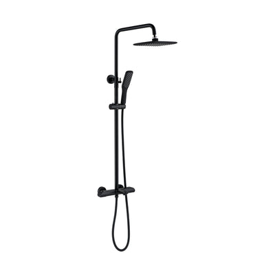 Matte black exposed shower system with bar valve, rounded-square rain head and slim stick handheld — SANIKB DL-08 127-BK