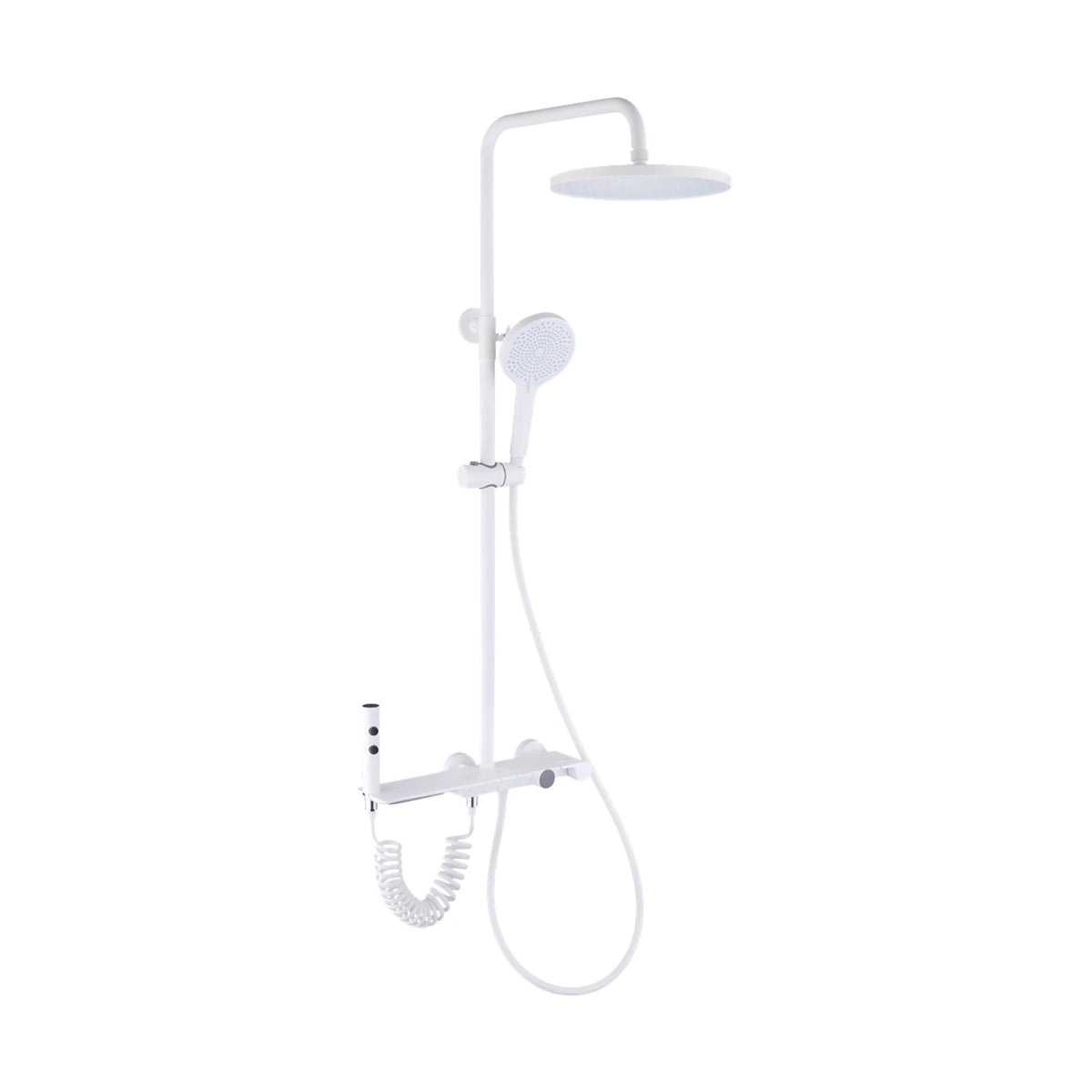 White — Matte black shower column with round rain head, push-button shelf mixer, front knob and coiled spray gun — SANIKB DL-08 095-WH