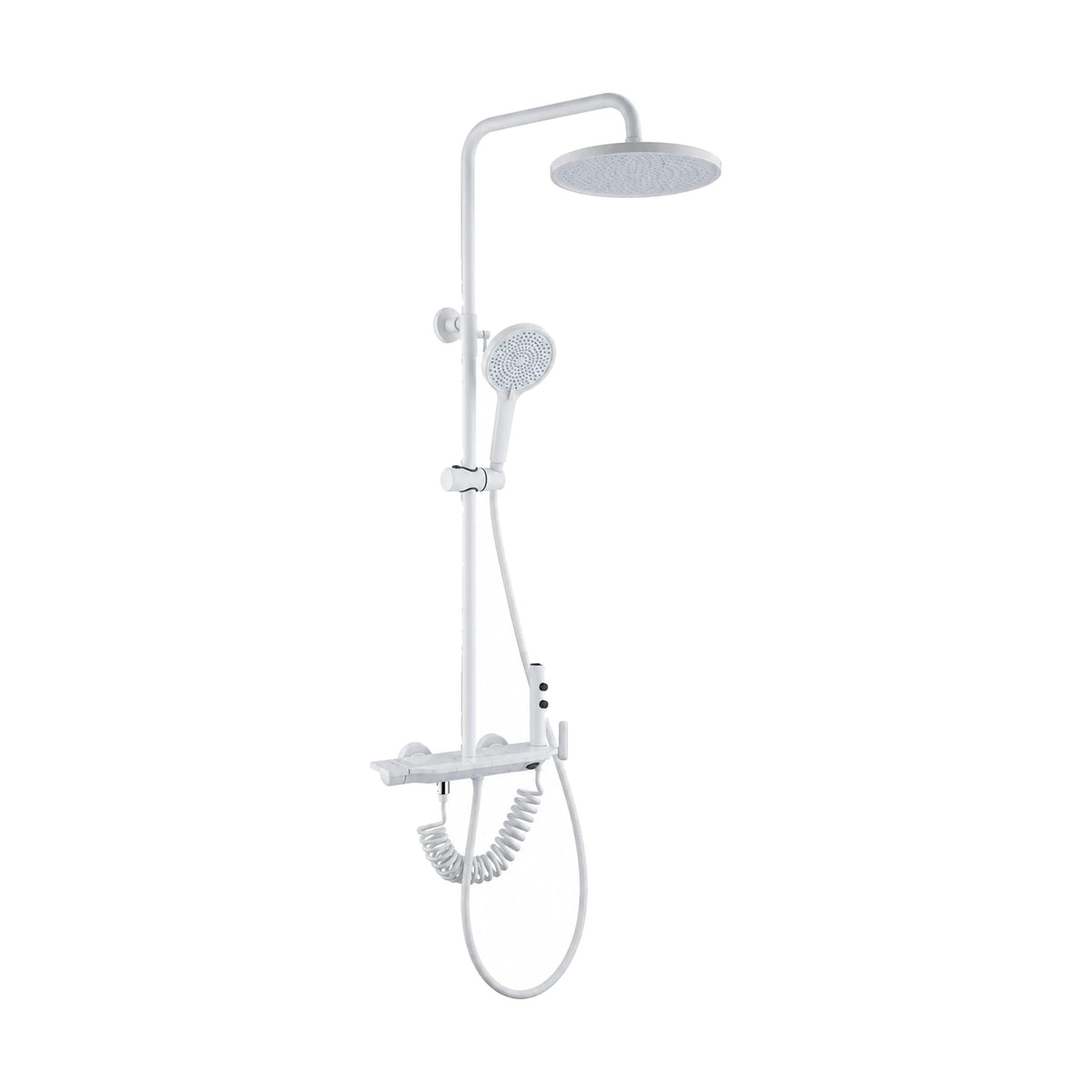 White shower column with round rain head, round handheld, tray-top bar mixer and coiled-hose spray gun — SANIKB DL-08 544-WH