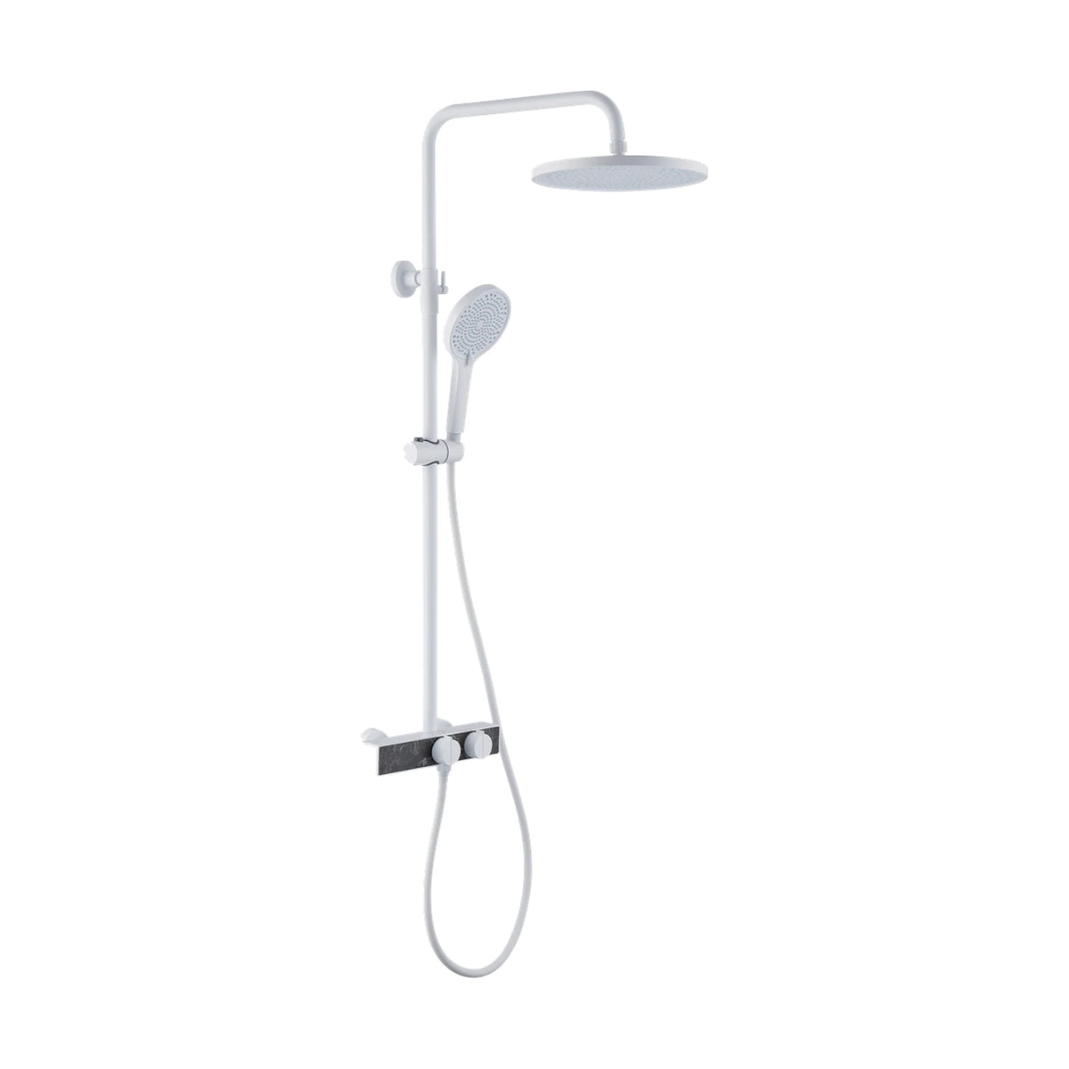 White — Matte black shower column with round rain head, handheld and rectangular bar mixer with two blade-top knobs — SANIKB DL-08 151-WH