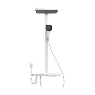 White T-shaped shower column with top-mounted rectangular rain head, push-button shelf and coiled spray gun — SANIKB DL-08 181-WH