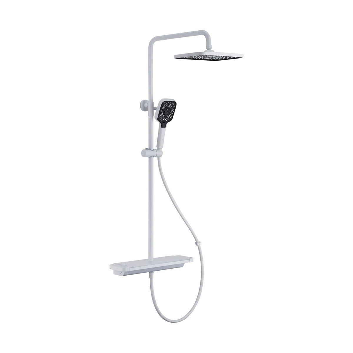 White shower column with wide flat tray shelf valve, dark-face rain head on curved arm and square handheld — SANIKB DL-08 184-WH