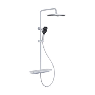White shower column with wide flat tray shelf valve, dark-face rain head on curved arm and square handheld — SANIKB DL-08 184-WH