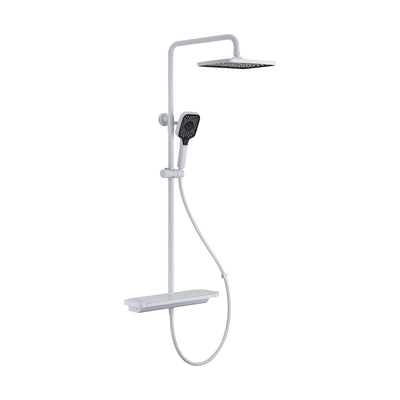 White shower column with wide flat tray shelf valve, dark-face rain head on curved arm and square handheld — SANIKB DL-08 184-WH