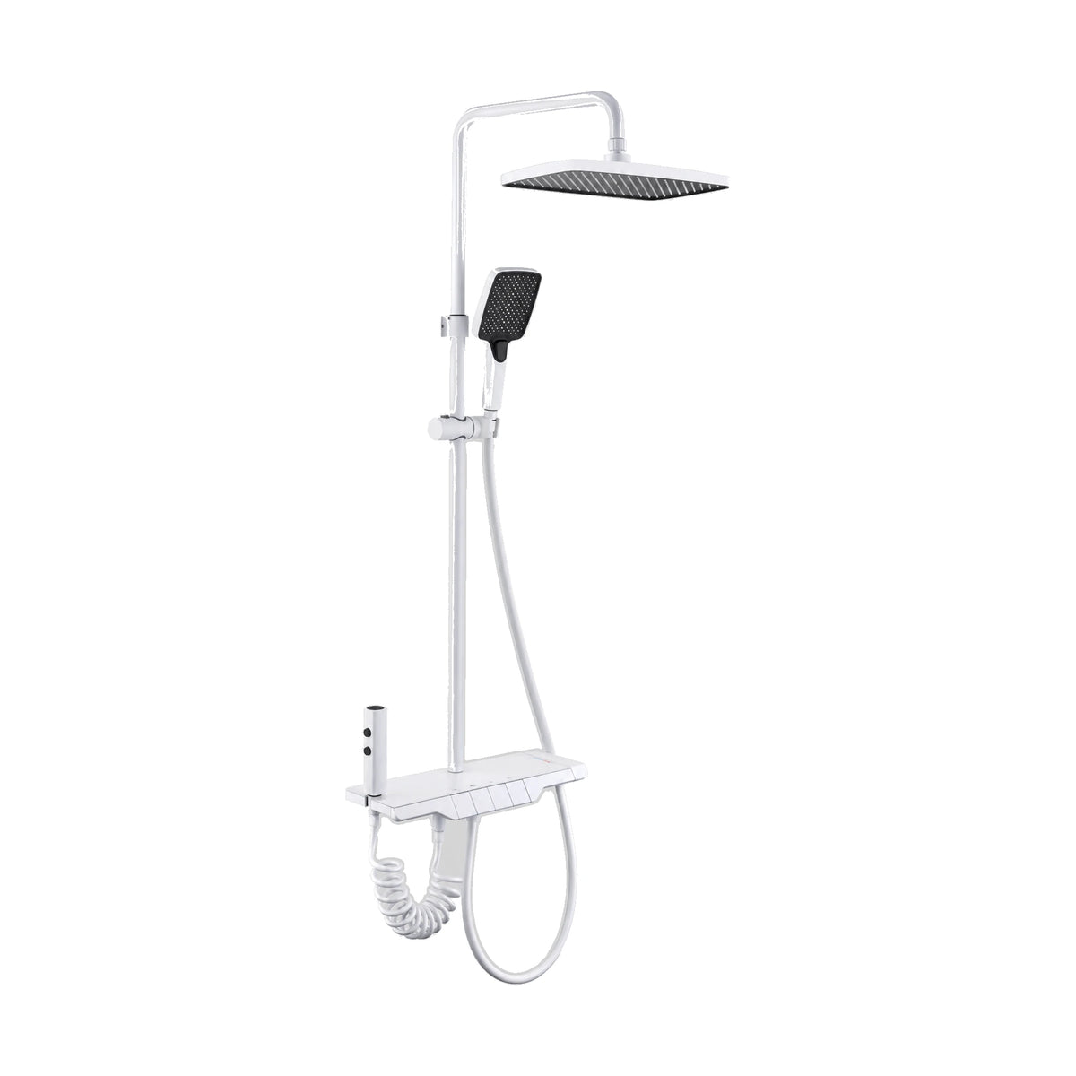White shower column with piano-key button shelf valve, coiled-hose spray gun, dark-face rain head, handheld — SANIKB DL-08 550-WH
