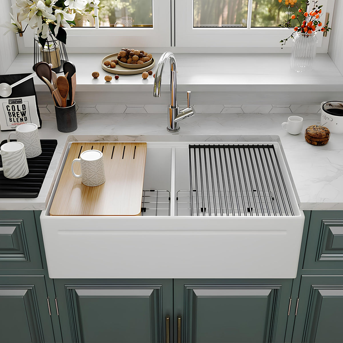 33 Inch Double Farmhouse Sink with Drainboard – Black Apron Front Kitchen Sink | SN101W3320D