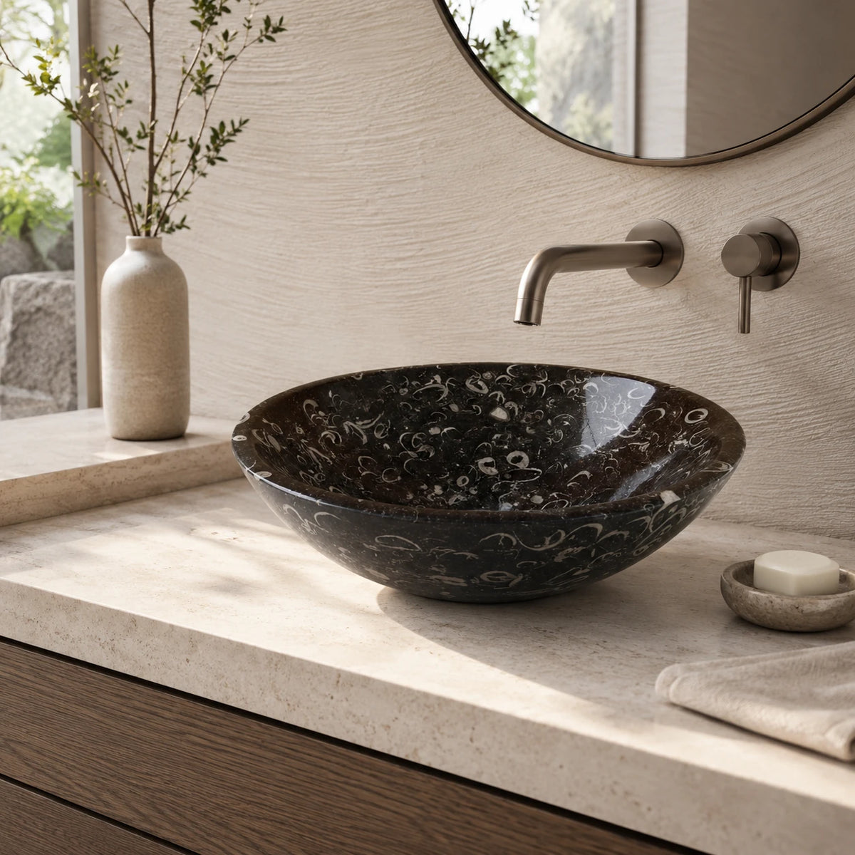 Fossil Limestone Honed Round Vessel Basin 16.5×5.5