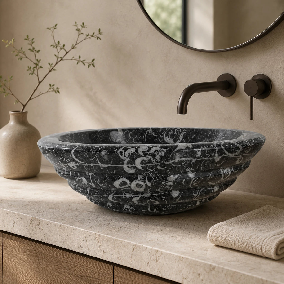 Fossil Limestone Round Vessel Basin 16.5×5.5