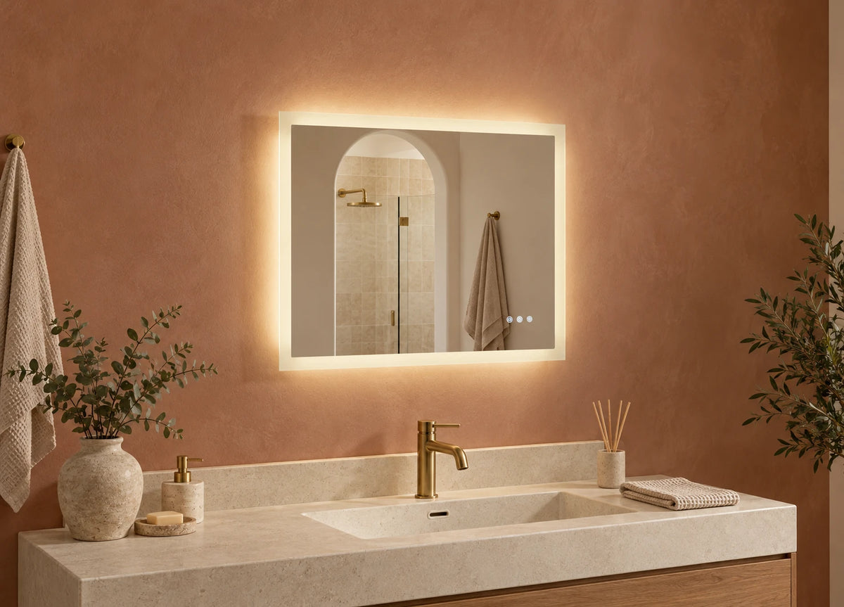 Frameless Rectangle Warm Halo LED Mirror — catalog detail view; KS-009-1006