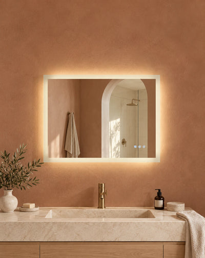 Frameless Rectangle Warm Halo LED Mirror — full product view; KS-009-1006