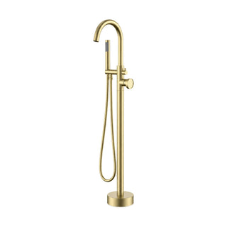 Brushed gold freestanding tub faucet with C-shaped gooseneck spout, round side dial and stick handheld — SANIKB SF1004 12 43 2