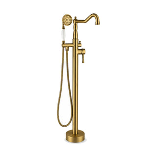 Brushed gold traditional tub faucet with swan-neck spout and telephone handheld with white ceramic grip — SANIKB SF286 12 43 2