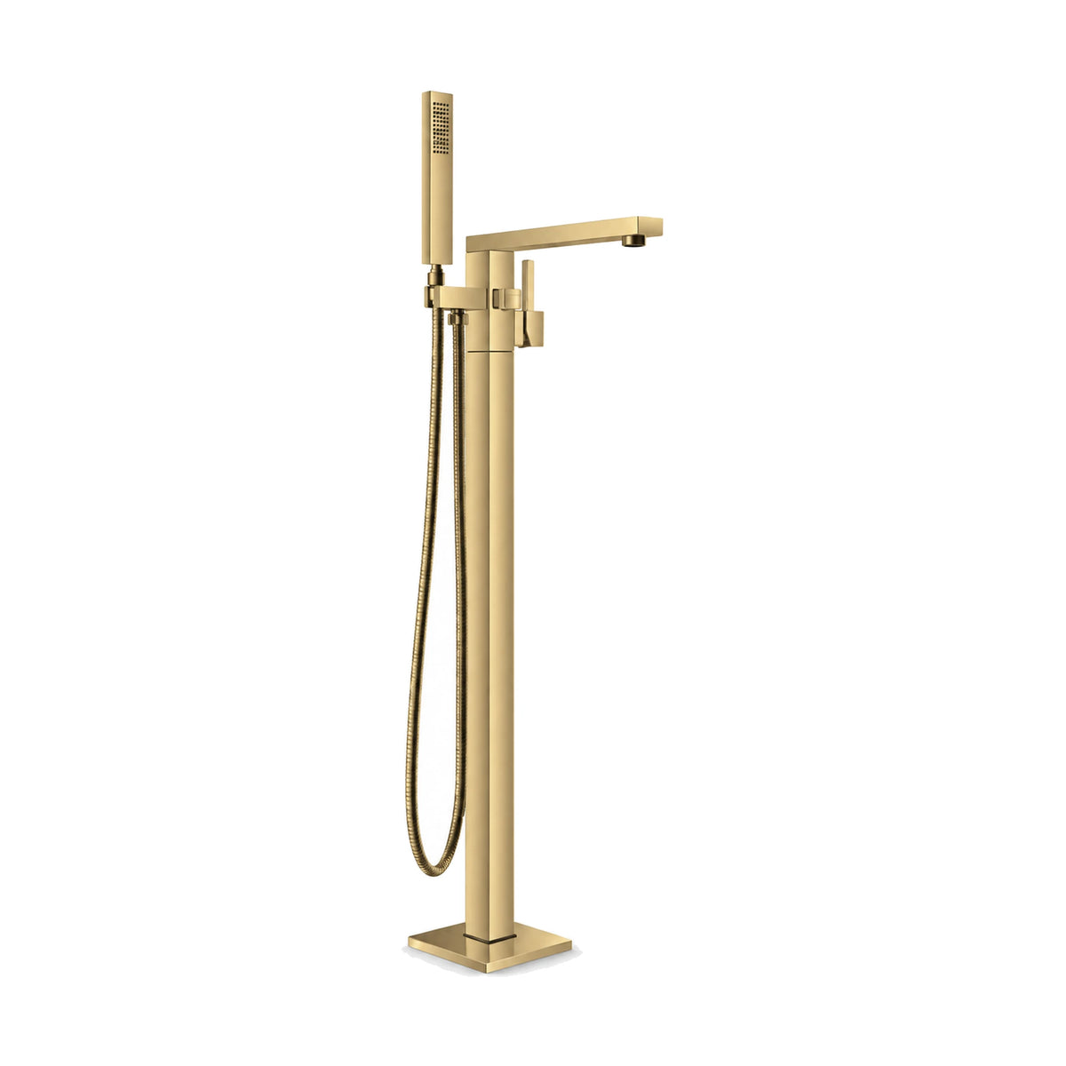 Brushed gold freestanding tub faucet with square column, straight flat spout, square lever and handheld — SANIKB S128 04 43 2