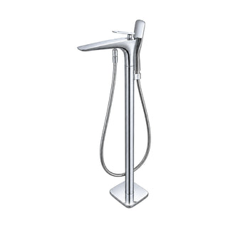 Chrome freestanding tub faucet, sculpted column flowing into long flat spout, top lever and handheld — SANIKB SF500A 12 01 1