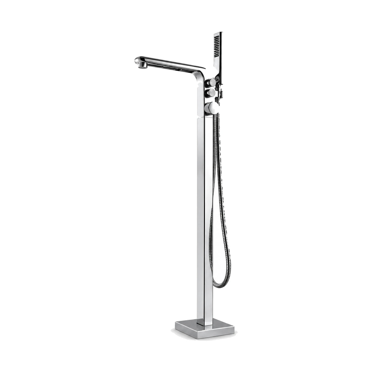 Chrome freestanding tub faucet, square column bending into flat spout, three stacked knobs and handheld — SANIKB SF289 22 01 1
