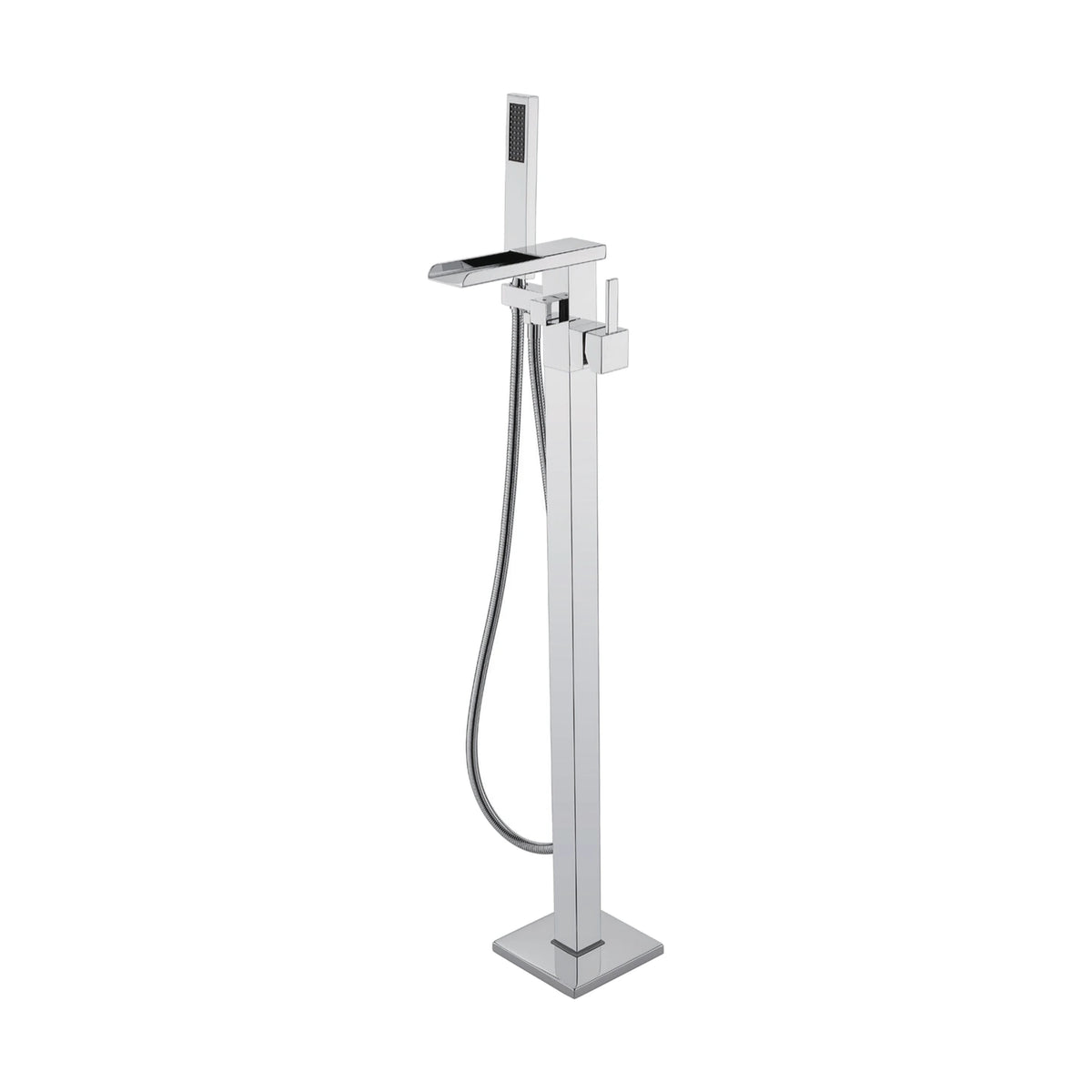 Chrome freestanding tub faucet with square column, open-channel waterfall spout, pin lever and handheld — SANIKB DL-08 414-CP