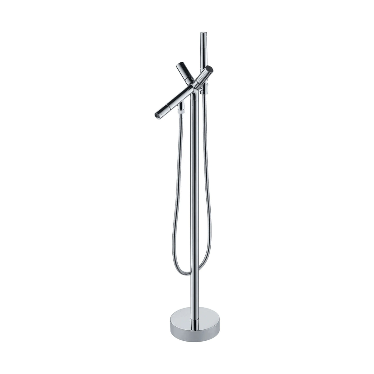 Chrome freestanding tub faucet with thin column, diagonal tube spout crossed by bar lever and handheld — SANIKB DL-08 405-CP
