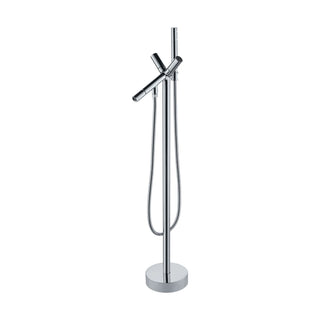 Chrome freestanding tub faucet with thin column, diagonal tube spout crossed by bar lever and handheld — SANIKB DL-08 405-CP