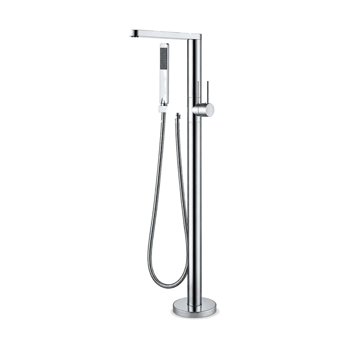 Matte black freestanding tub faucet with round column, flat inverted-L spout, hub pin lever and handheld — SANIKB DL-08 409-CP