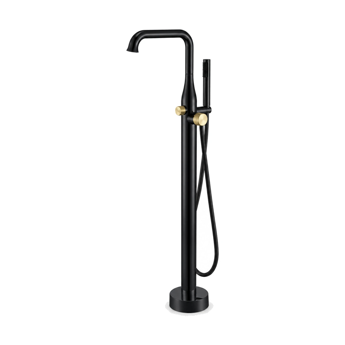 Matte black freestanding tub faucet with right-angle flared spout, two brushed gold knobs and handheld — SANIKB SF290 12 56 2