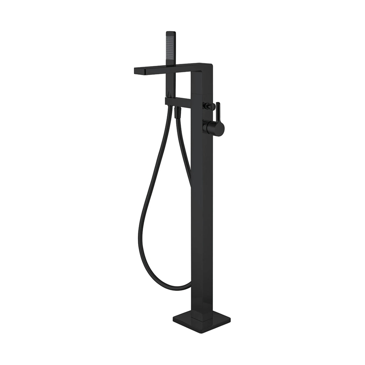 Matte black freestanding tub faucet with square column, flat spout, round-hub pin lever and docked handheld — SANIKB DL-08 413-BK