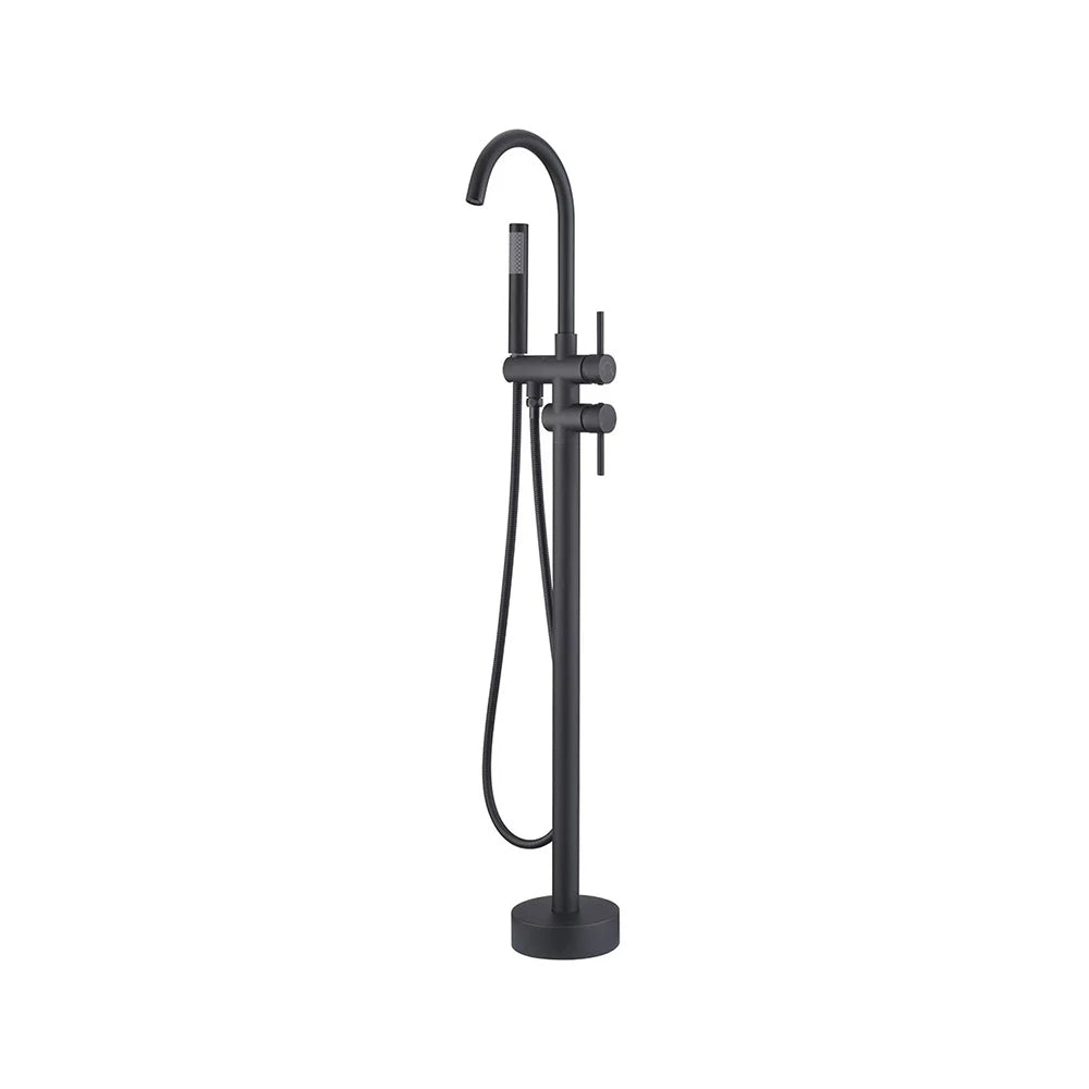 Matte black freestanding tub faucet for bathroom, stainless steel body, gooseneck spout and hand shower — SANIKB FYF-9103-3.